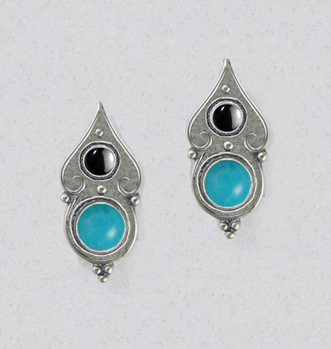 Sterling Silver Gothic Look Post Stud Earrings With Turquoise And Hematite